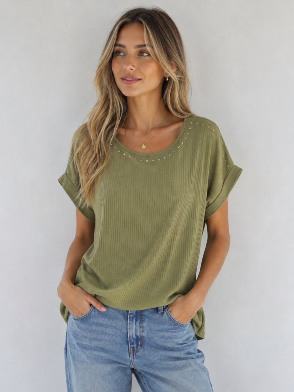 Alexander Jordan Olive Green Ultra-Soft Ribbed Studded Knit Top - NWT Size 1X